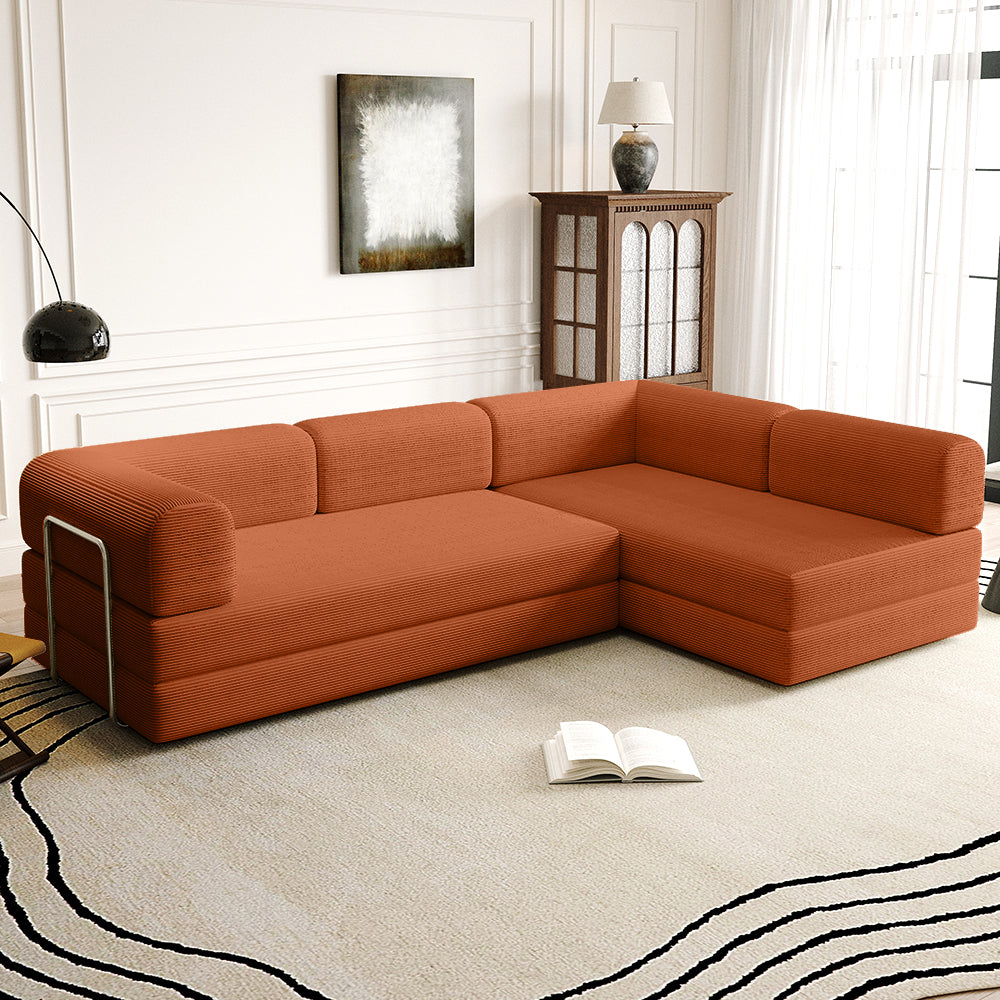 Vacuum Sealed Compression Sofa Corduroy Floor Couch with Chaise Lounge in Rust Orange- Lkikos.com