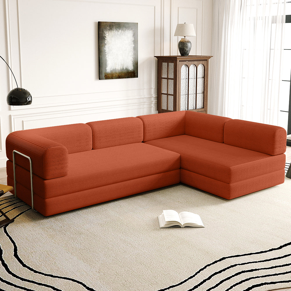 Vacuum Sealed Compression Sofa Corduroy Floor Couch with Chaise Lounge in orange red- Lkikos.com