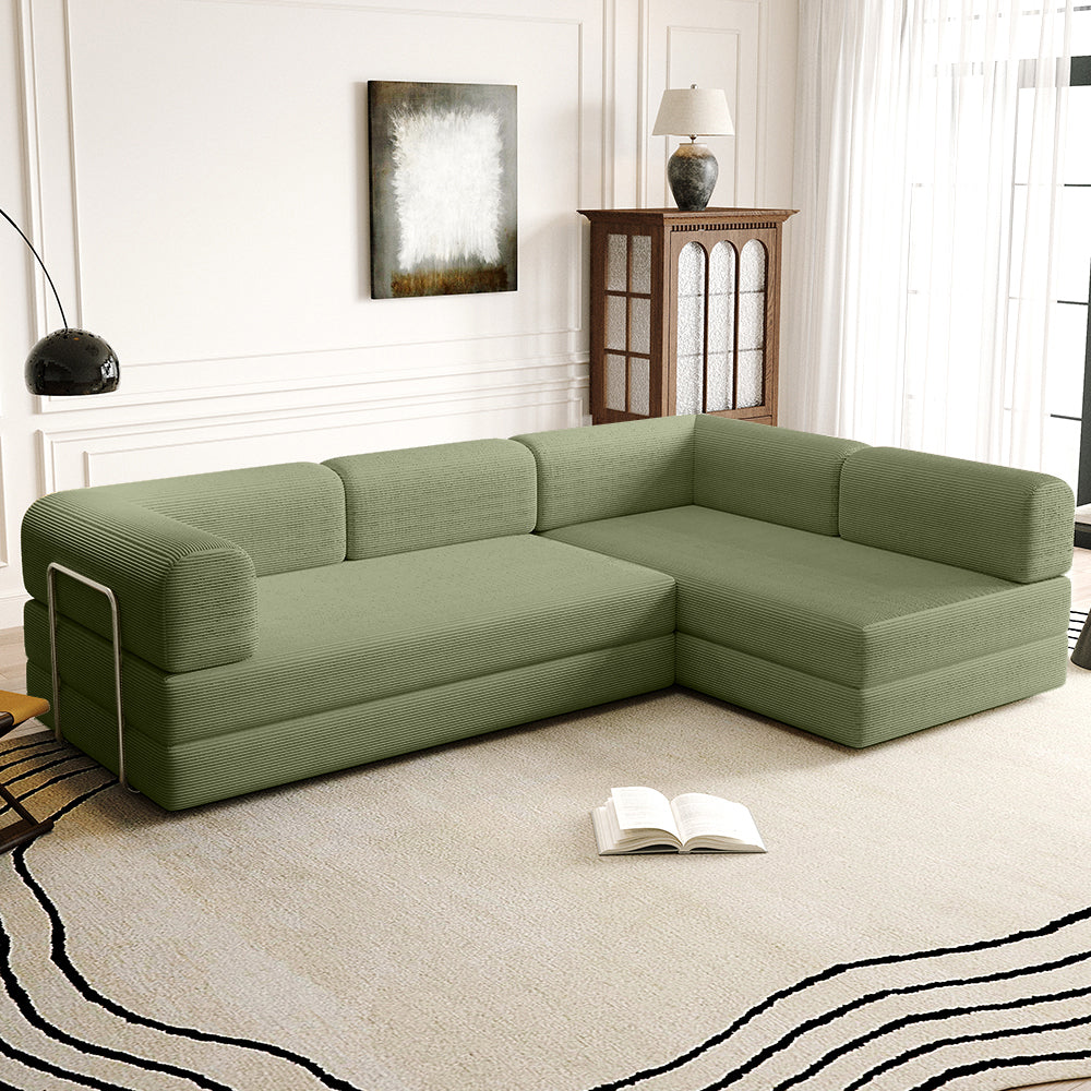 Vacuum Sealed Compression Sofa Corduroy Floor Couch with Chaise Lounge in pea green- Lkikos.com