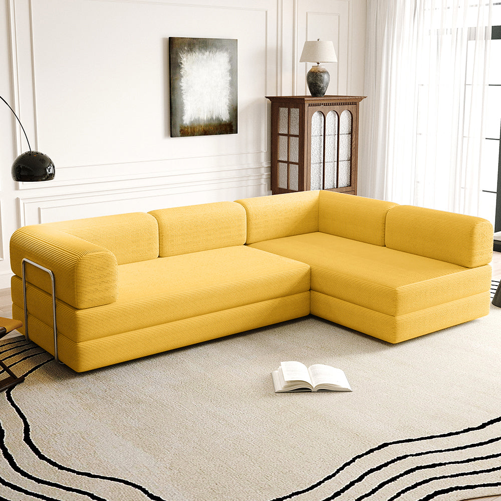 Vacuum Sealed Compression Sofa Corduroy Floor Couch with Chaise Lounge - Lkikos.com