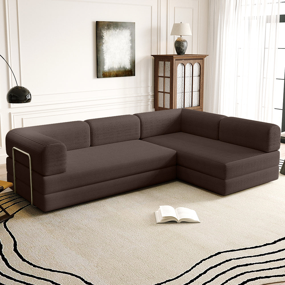 Vacuum Sealed Compression Sofa Corduroy Floor Couch with Chaise Lounge brown- Lkikos.com